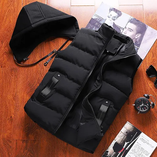 Vista 23 de WENKOMG1 Chaleco con capucha con doble cremallera para hombre, abrigo de color sólido, abrigo cálido y grueso, sin mangas, chaqueta suelta