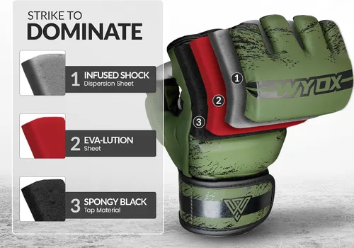 Vista 3 de WYOX Guantes MMA para hombres y mujeres – Guantes de boxeo de agarre y combate con diseño de palma abierta, guantes de entrenamiento acolchados sin