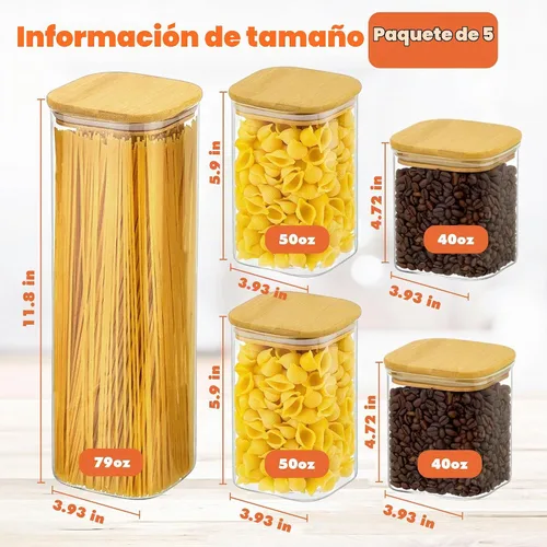 Vista 2 de Recipientes de almacenamiento de vidrio con tapas herméticas de bambú, juego de 5, tarros de vidrio de despensa con tapa, perfectos