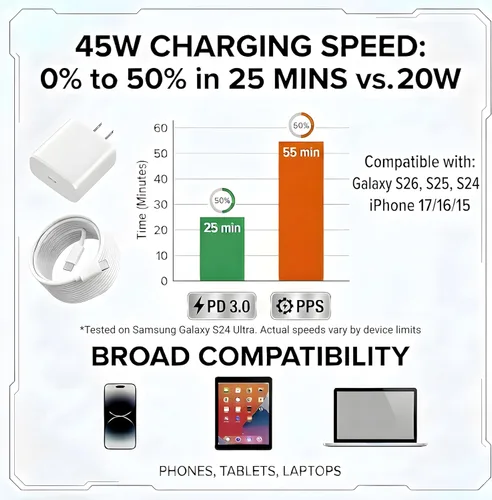 Vista 3 de TT&C Cargador de pared USB-C de 45 W con cable extralargo de 10 pies Adaptador de corriente de carga rápida para Samsung Galaxy S26, S25, S24