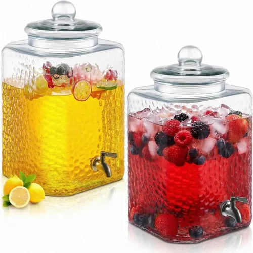 Vista 9 de Paquete de 1 dispensador de bebidas de vidrio de 5 galones para fiestas, dispensador de bebidas de vidrio martillado, recipiente de agua con grifo