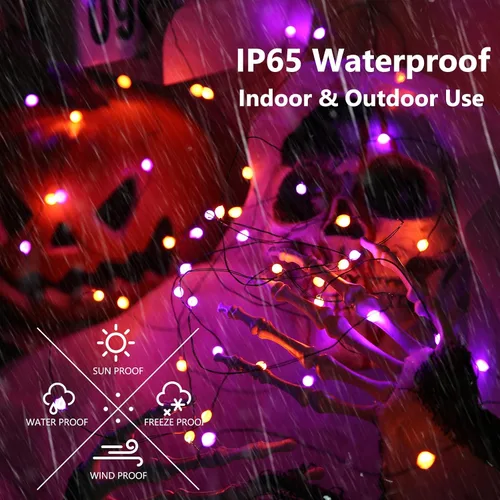 Vista 3 de iBaycon Paquete de 2 50 luces LED de Halloween a batería, 16.4 pies, funciona con pilas, luces de Halloween naranja y morado, impermeables, con 8