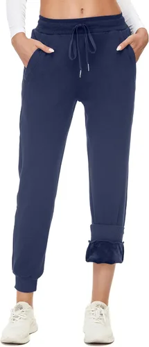 Vista 26 de MOUEEY Pantalones deportivos súper cálidos con forro de sherpa para mujer, pantalones deportivos de forro polar con bolsillos con cremallera