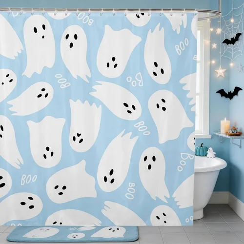 Vista 21 de Happy Halloween Shower Curtain,Bowknot Snowflake Pattern Bathroom Curtains,Sweet Ghost Holiday Theme Waterproof Bath Curtain,Black Bathroom Curtains