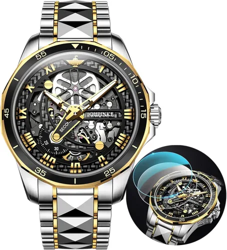 Vista 9 de OLEVS Luxury Automatic Self-Wind Watches for Men, Large Face Tungsten Steel Men's Mechanical Watch with Two Tone Band, 50M Waterproof, Sapphire