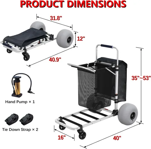 Vista 7 de GDLF - Carrito de playa plegable de aluminio con ruedas de globo de 12 pulgadas para arena