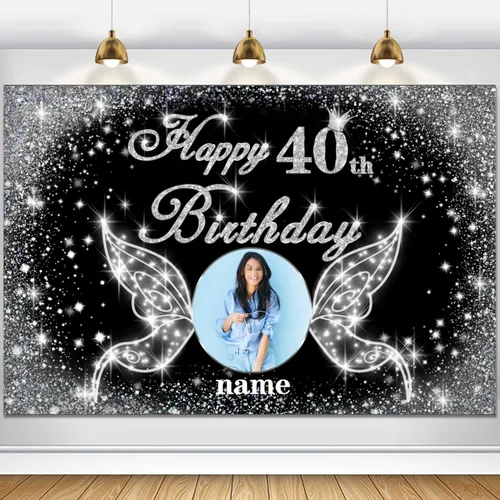 Vista 53 de Cartel personalizado de decoración de fiesta de cumpleaños número 100 - tema de alas de ángel - negro y plateado HY-NLK-100º