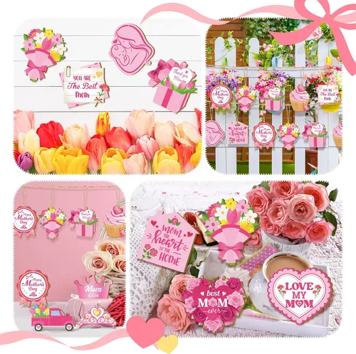 Vista 7 de FairySandy 36 piezas de adornos para el día de la madre para árbol de madera, rosa, mamá, mujeres, decoración de árbol, flores rústicas, magdalenas