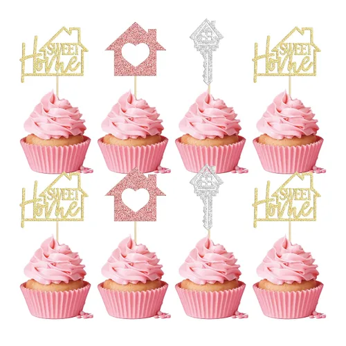 Vista 12 de Gyufise Paquete de 24 adornos para cupcakes Sweet Home con purpurina para inauguración de la casa, para bienvenida, nuevo hogar, fiesta temática