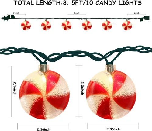 Vista 2 de Guirnalda de luces de caramelo de Navidad de 8.5 pies, cadena de luces colgantes de Navidad con 10 luces redondas rojas y blancas, luces de hadas