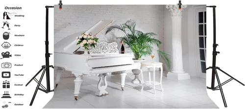 Vista 2 de Laeacco Fondo de piano de cola blanco para el interior de la habitación, 10 x 6.5 pies, estilo clásico, de lujo, para habitación, palmas de vino