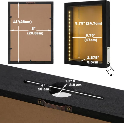 Vista 3 de Caja de sombra de madera rústica negra de 8"X11" con luces, vitrina iluminada con LED para corchos de vino, boletos y exhibiciones creativas