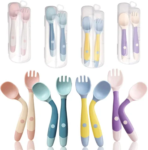 Vista 9 de Utensilios para niños pequeños con estuche de viaje, cuchara y tenedor para el aprendizaje de autoalimentación, cubiertos con mango flexible