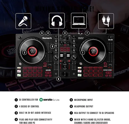 Vista 2 de Paquete de Controlador de DJ - Set de DJ con 4 Decks, Mezclador de DJ, Interfaz de Audio, Pantallas de Rueda Jog, FX y Auriculares de DJ - Numark