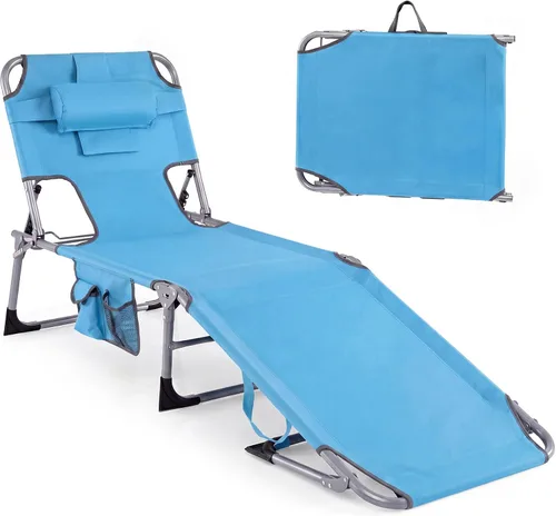 Vista 19 de Tangkula Silla de bronceado con agujero frontal, plegable y ajustable para patio, silla reclinable, para playa, tomar el sol, con bolsillo lateral