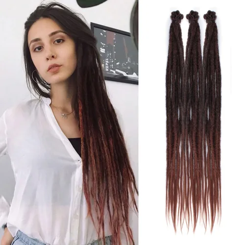 Vista 53 de Extensiones de rastas trenzadas bohemias de 24 pulgadas, 10 hebras de rastas sintéticas rizadas color marrón degradado con trenza de caja, rastas
