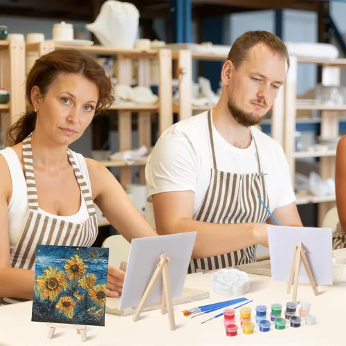 Vista 4 de Qilery Juego de 12 piezas de pintura en lienzo, mini lienzo con caballetes de madera, tiras de pinturas acrílicas, pinceles, paleta, juego de arte