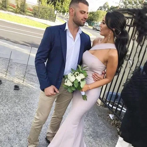 Vista 2 de Vestido de dama de honor de sirena con un hombro descubierto, vestido de satén para graduación, vestido de novia formal para mujer