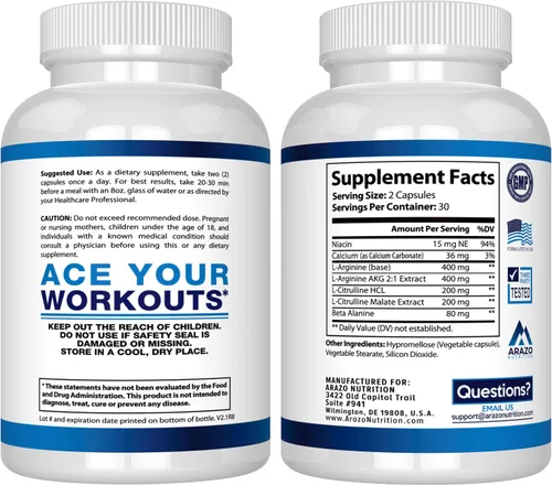 Vista 3 de Arazo Nutrition Arginina L de alta calidad, refuerzo de óxido nítrico de 1340 mg con L-citrulina y aminoácidos esenciales para ganancia cardíaca