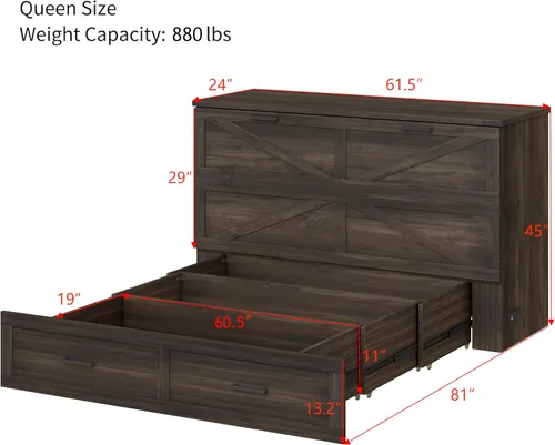 Vista 3 de SOFTSEA Queen Size Farmhouse Murphy Cabinet Bed with Charging Station, Foldable Platform Bed with Large Storage Drawer for Guestroom, Small Bedroom