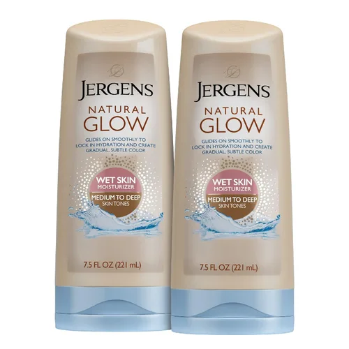 Vista 14 de Humectante para piel húmeda Natural Glow de la marca Jergens Bronceado sin sol, aplicación de piel húmeda, desarrollo gradual de color, resultados