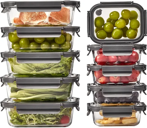 Vista 9 de Contenedores de vidrio para almacenamiento de alimentos con tapas de vidrio, paquete de 4 recipientes de preparación de comidas con tapas Gris