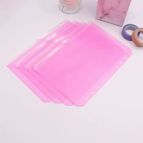 Vista 6 de Bolsillos para carpeta A5, color rosa, 12 unidades, con cremallera, bolsas de hojas sueltas, 6 agujeros, organizador de cremallera de PVC, carpeta