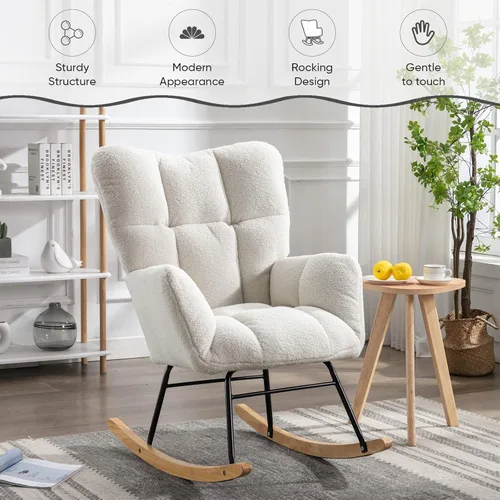 Vista 3 de Silla mecedora de terciopelo de peluche, sillón mecedora con carga para guardería, cómoda silla auxiliar para sala de estar, dormitorio