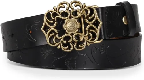 Vista 202 de Cinturón de cuero clásico con hebilla de metal para mujer con vestido de jeans