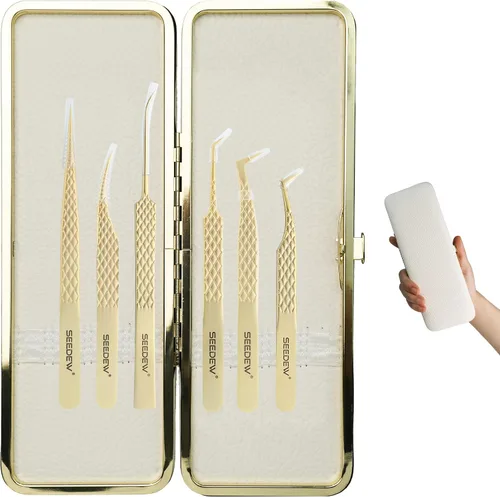 Vista 15 de Pinzas para Extensiones de Pestañas 1 PIEZA Acero Inoxidable 45 Grados Gancho Puntiagudo Multipropósito Pinzas de Aislamiento Suministros Dorado