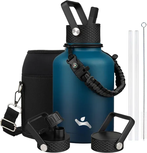 Vista 125 de Konokyo - Botella de agua aislada de 18 onzas, botellas deportivas de acero inoxidable con 3 tapas, verde militar