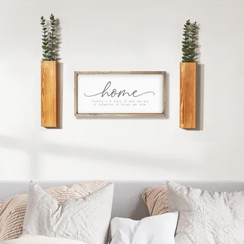 Vista 2 de Paquete de 2 macetas de pared de madera con 4 tallos de eucalipto sintético extraíbles, decoración moderna de pared de granja para sala de estar