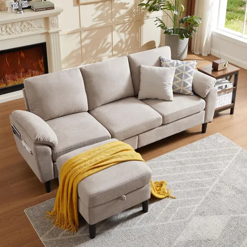 Vista 16 de Juego de 2 sofás para sala de estar, sofás convertibles en forma de L de 3 asientos con otomana y silla decorativa, sofá moderno de lino para Gris