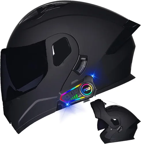 Vista 35 de Casco modular Bluetooth para motocicleta, aprobado por DOT, de cara completa, abatible, antivaho, doble visera, casco de motocicleta de calle, LENTE