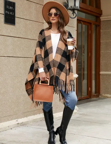 Vista 5 de VIMPUNEC - Pashmina estilo bohemio con patrón a cuadros para mujer, con borla.