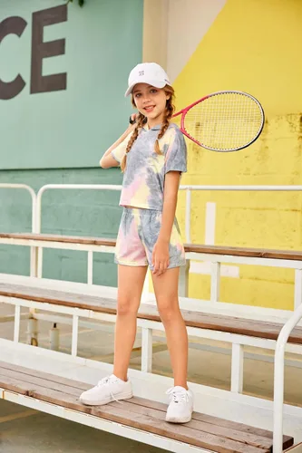 Vista 4 de Arshiner Conjunto deportivo de dos piezas para niñas de manga corta y pantalones cortos