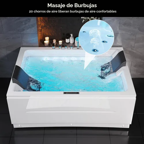 Vista 4 de Bañera de hidromasaje de 71 pulgadas, bañera independiente para 2 personas con 38 chorros, bañera de hidromasaje acrílica con iluminación LED croma