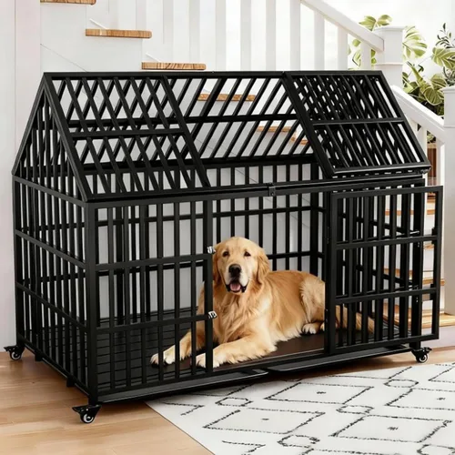 Vista 8 de Jaula resistente para perros de 54 pulgadas, jaula/perrera para mascotas con alfombrilla, a prueba de escape con techo que se abre por arriba, 4