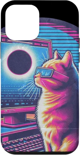 Vista 12 de iPhone 15 Cat Solar Eclipse - Synthwave Retro Poster Style Case