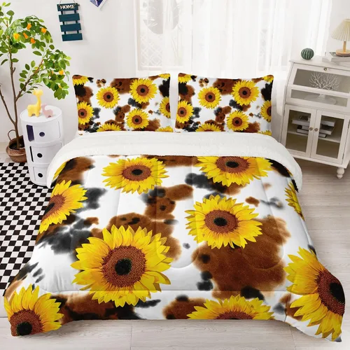 Vista 5 de Axolotl Juego de edredón sherpa de girasoles amarillos, estampado de vaca marrón, suave y acogedor, ropa de cama de parche reversible floral