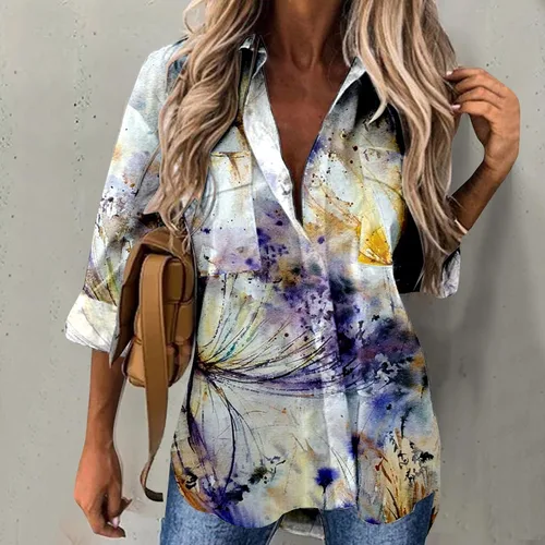 Vista 3 de Camisa casual de moda para mujer, camisa de manga larga con botones, camisa de moda con cuello abatible, camisa con botones
