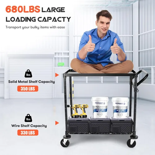 Vista 2 de WDT - Carrito utilitario rodante de gran capacidad de 680 libras, carritos rodantes de 2 niveles con ruedas, carrito de metal de grado comercial