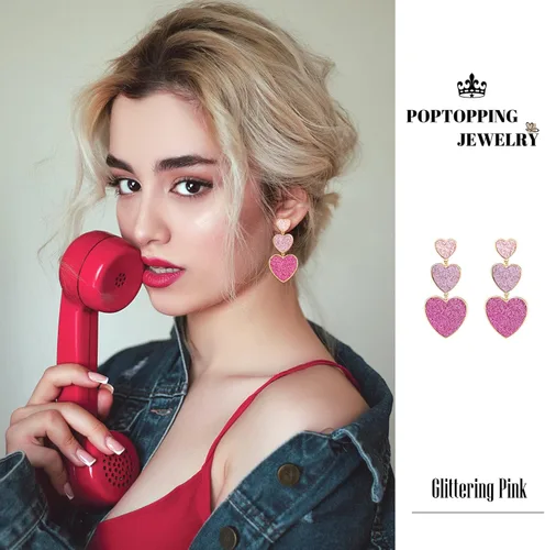 Vista 4 de PopTopping Aretes de corazón rosa para mujeres, adolescentes, niñas, regalo para cumpleaños, día de San Valentín