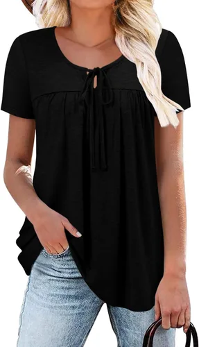 Vista 21 de BETTE BOUTIK Blusas de verano para mujer, plisadas, de manga corta, con cordón, cuello redondo, tallas S-3XL