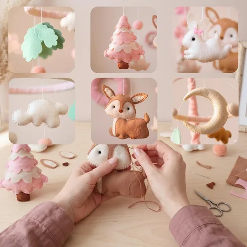 Vista 2 de Móvil de bebé rosa para cuna, cuna móvil con música, animales del bosque