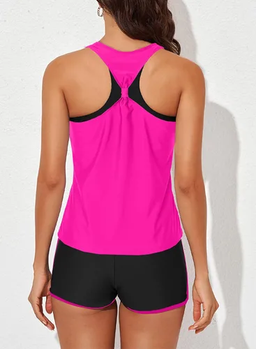 Vista 2 de Aleumdr Traje de baño deportivo de 3 piezas para mujer con pantalones cortos, camiseta sin mangas con brasier deportivo y pantalones cortos