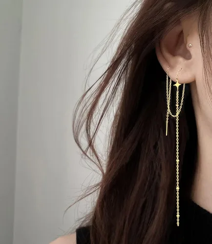 Vista 3 de SLUYNZ Cadena de aretes largos colgantes de plata de ley 925 para mujeres, adolescentes y niñas, cadena de borla, Metal, No es una piedra preciosa