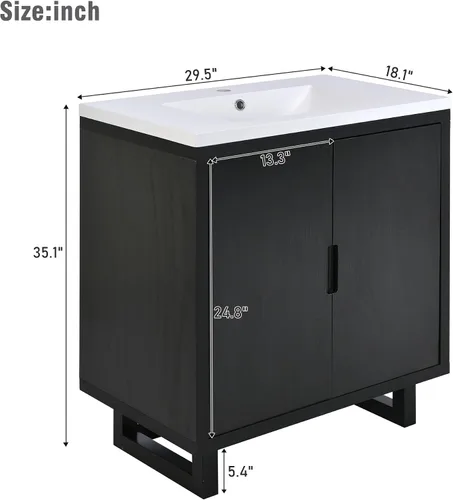 Vista 2 de LUMISOL Tocador de baño de 30 pulgadas con lavabo, armario de almacenamiento de baño negro de madera maciza con dos puertas, tocador de baño moderno