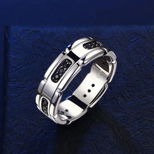Vista 2 de Anillo de boda de oro blanco para hombre, plata de ley 925 con 13 circonitas cúbicas de corte redondo, anillo de compromiso para él, talla 7-14