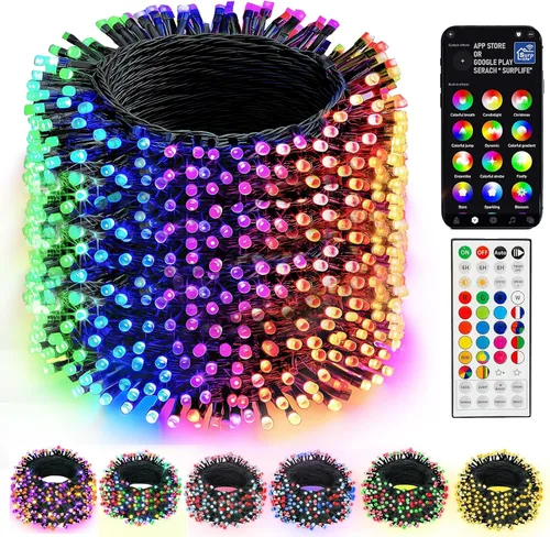 Vista 12 de Dazzle Bright - Guirnalda de luces de Navidad para exteriores, 1000 luces LED de 328 pies, enchufe de luz de hada con control remoto, 8 modos